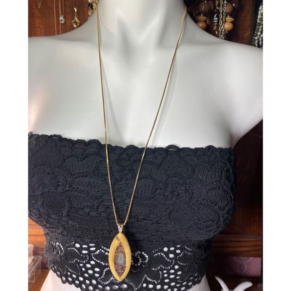 14K & 10K Yellow Gold Inlaid in Wood Pendant Necklace 30” Long